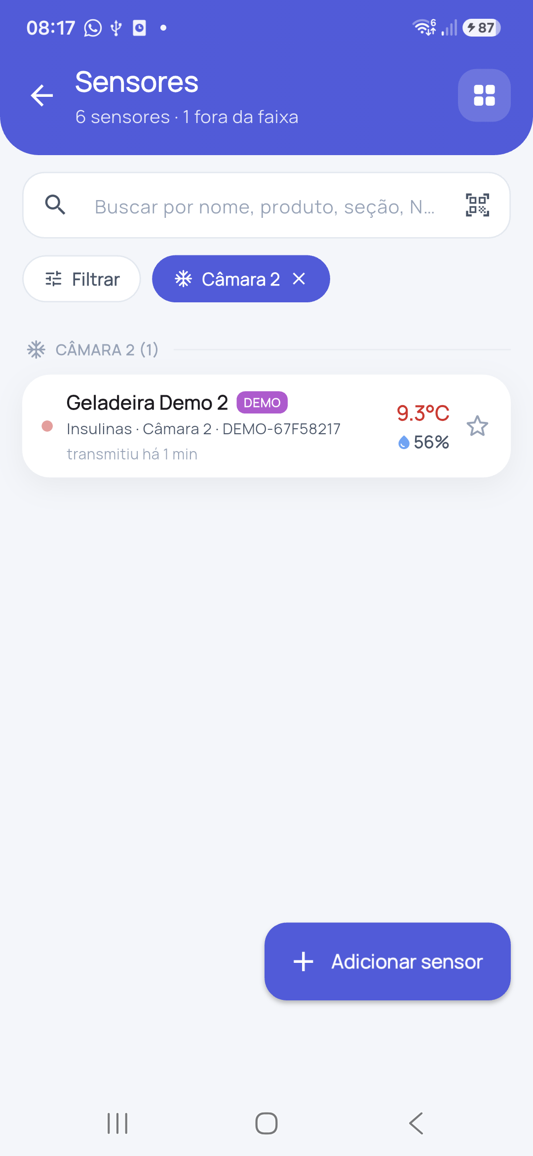 Lista de sensores agrupada por local