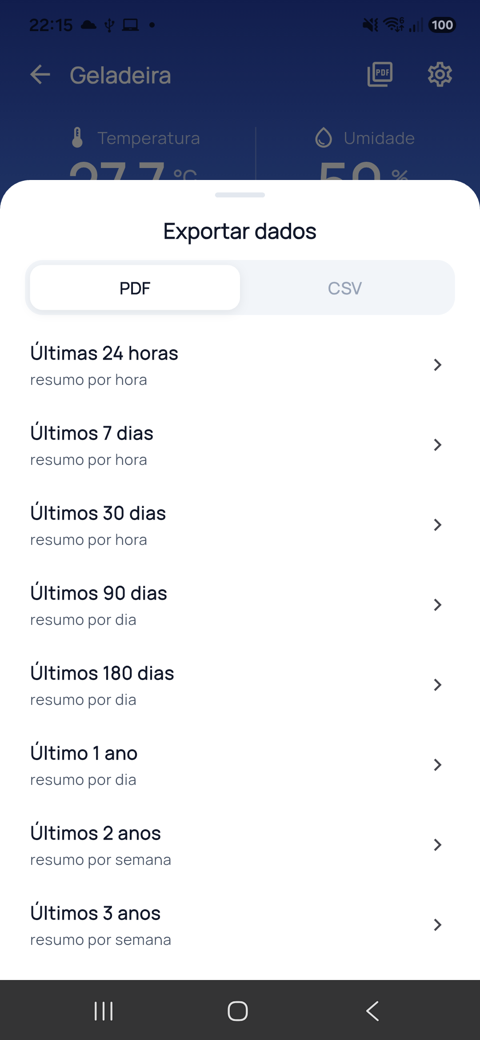 Folha de exportação com períodos