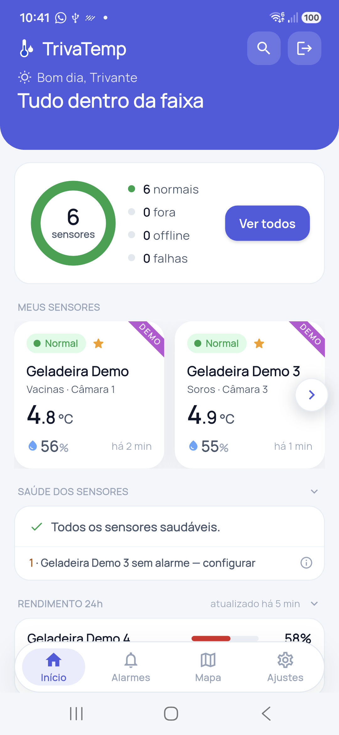 Tela de Início com o resumo dos sensores