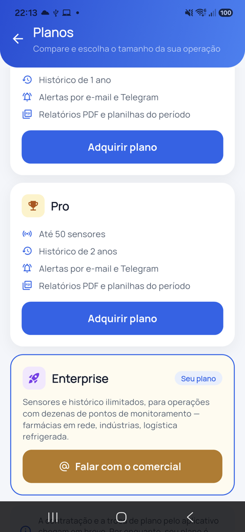 Tela de planos no app