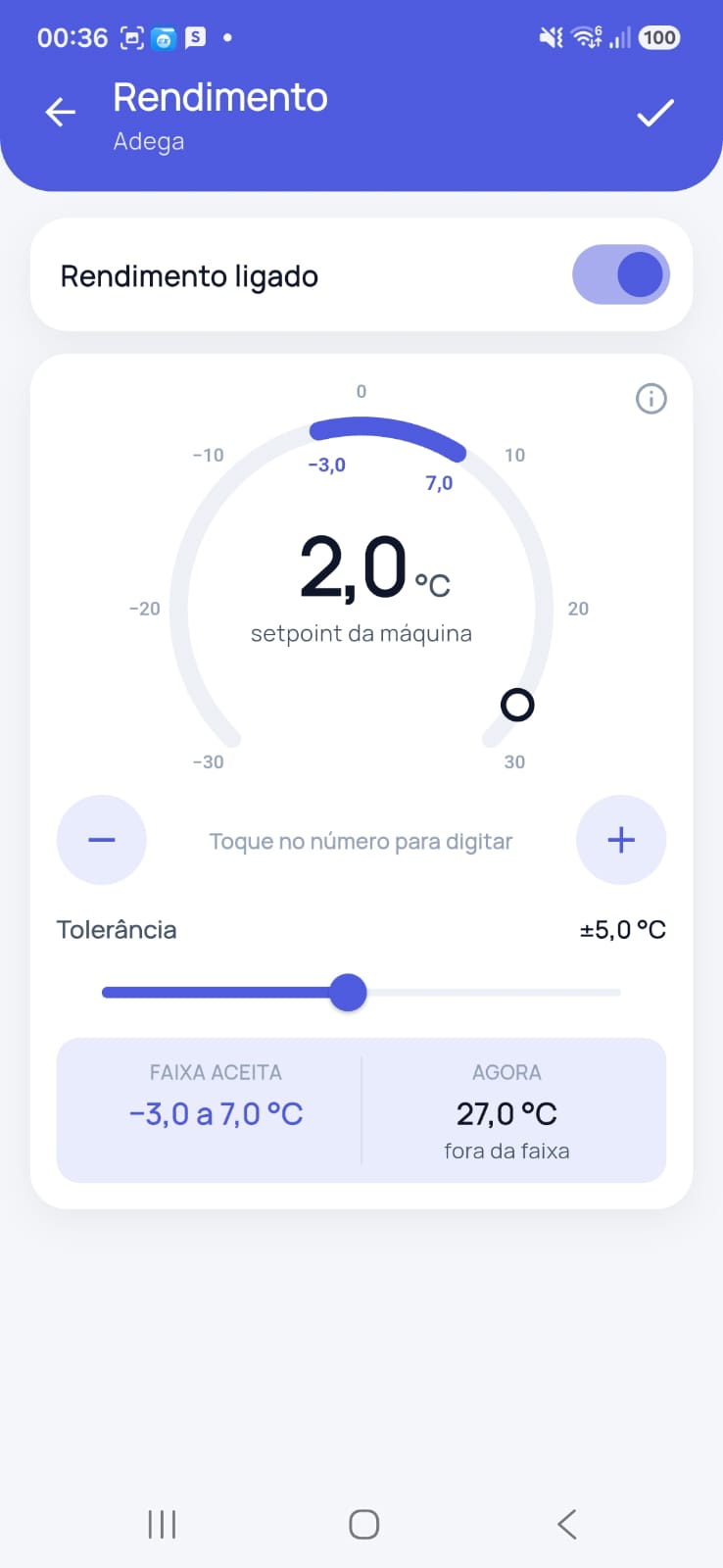 Tela do Rendimento: chave, mostrador com setpoint e faixa aceita, tolerância